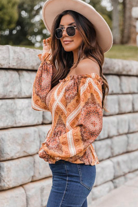 Boho Print Smocked Puff Sleeve Peplum Blouse