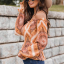  Boho Print Smocked Puff Sleeve Peplum Blouse