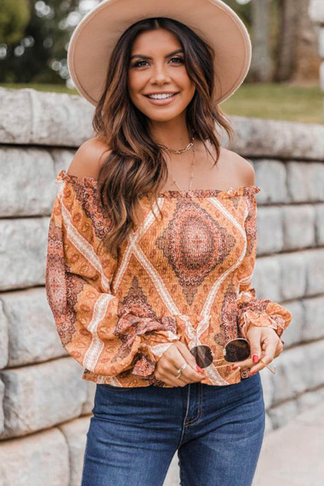 Boho Print Smocked Puff Sleeve Peplum Blouse