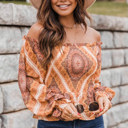  Boho Print Smocked Puff Sleeve Peplum Blouse