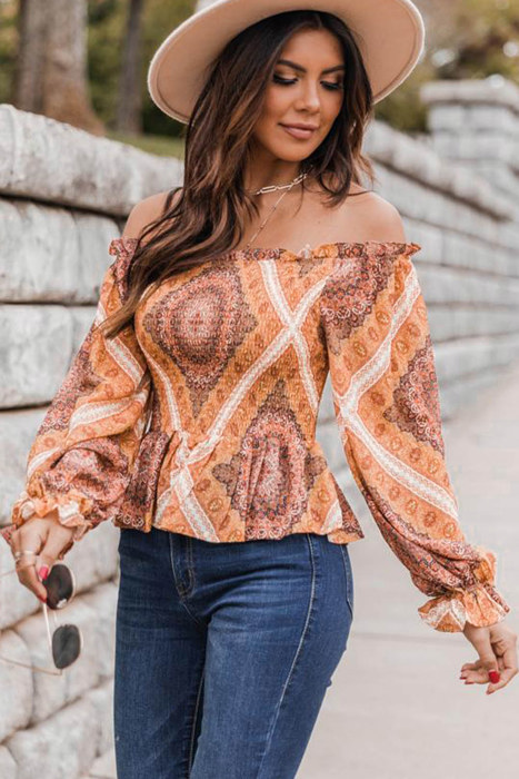 Boho Print Smocked Puff Sleeve Peplum Blouse