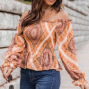  Boho Print Smocked Puff Sleeve Peplum Blouse