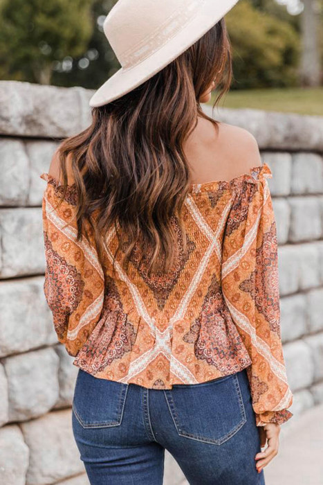 Boho Print Smocked Puff Sleeve Peplum Blouse