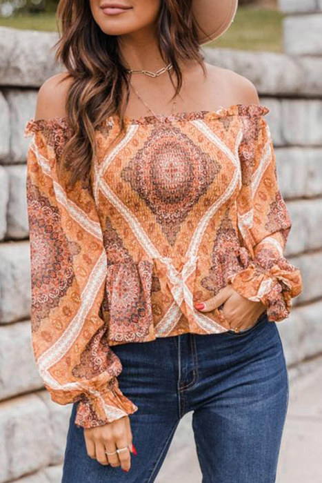 Boho Print Smocked Puff Sleeve Peplum Blouse