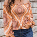  Boho Print Smocked Puff Sleeve Peplum Blouse