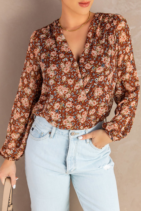 Floral Bubble Sleeve V Neck Wrap Blouse