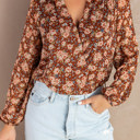  Floral Bubble Sleeve V Neck Wrap Blouse