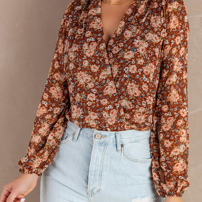 Floral Bubble Sleeve V Neck Wrap Blouse