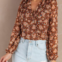  Floral Bubble Sleeve V Neck Wrap Blouse