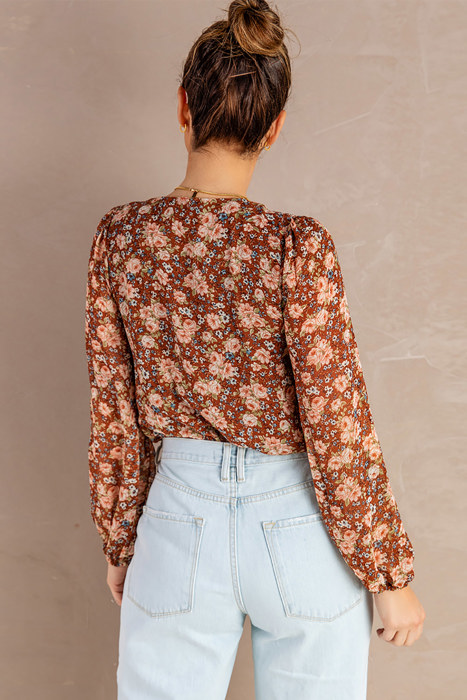 Floral Bubble Sleeve V Neck Wrap Blouse