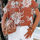  Leopard Floral V Neck Short Sleeve Blouse