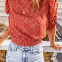 Polka Dot Print Smocked Keyhole Back Top
