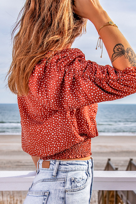 Polka Dot Print Smocked Keyhole Back Top