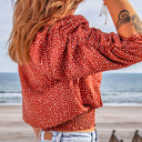  Polka Dot Print Smocked Keyhole Back Top