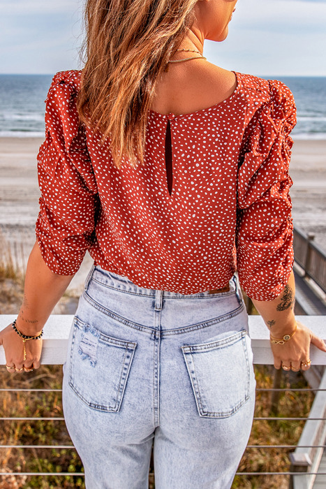 Polka Dot Print Smocked Keyhole Back Top