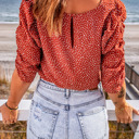  Polka Dot Print Smocked Keyhole Back Top