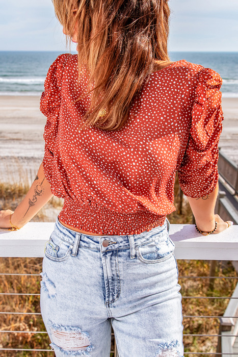 Polka Dot Print Smocked Keyhole Back Top