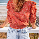  Polka Dot Print Smocked Keyhole Back Top