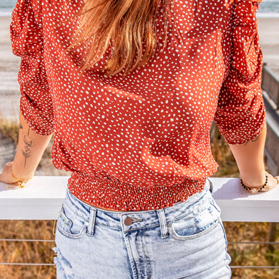 Polka Dot Print Smocked Keyhole Back Top
