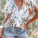  Floral Print Drawstring V Neck Short Sleeve Blouse