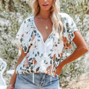  Floral Print Drawstring V Neck Short Sleeve Blouse