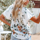  Floral Print Drawstring V Neck Short Sleeve Blouse