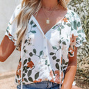  Floral Print Drawstring V Neck Short Sleeve Blouse