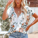  Floral Print Drawstring V Neck Short Sleeve Blouse