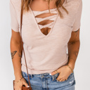  Strappy Hollow-out Neck Rib Knit Top