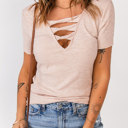  Strappy Hollow-out Neck Rib Knit Top