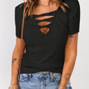  Strappy Hollow-out Neck Rib Knit Top