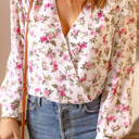  Ruffled Shoulder Front Wrap Floral Blouse