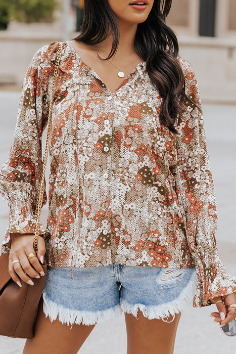  Floral Long Sleeve Lace-up V Neck Blouse