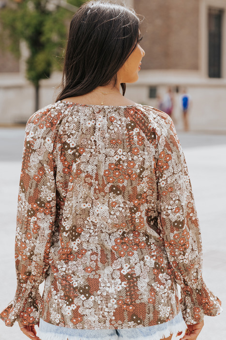 Floral Long Sleeve Lace-up V Neck Blouse