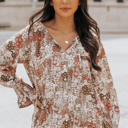   Floral Long Sleeve Lace-up V Neck Blouse
