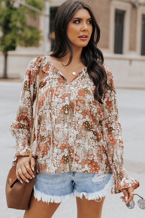  Floral Long Sleeve Lace-up V Neck Blouse
