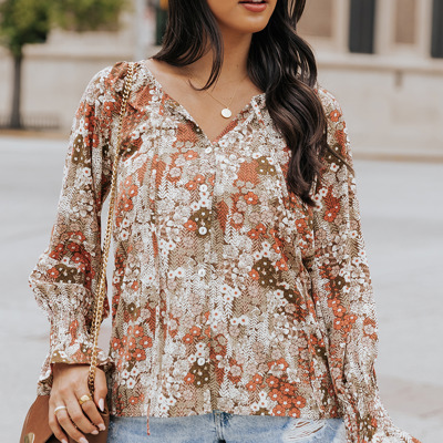  Floral Long Sleeve Lace-up V Neck Blouse