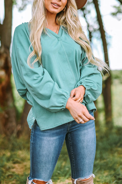 Green V Neck Oversized Pullover Top