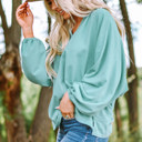  Green V Neck Oversized Pullover Top