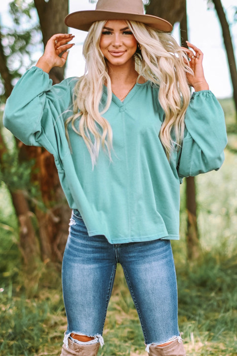 Green V Neck Oversized Pullover Top