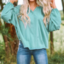  Green V Neck Oversized Pullover Top