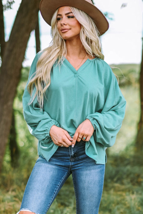 Green V Neck Oversized Pullover Top
