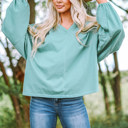  Green V Neck Oversized Pullover Top