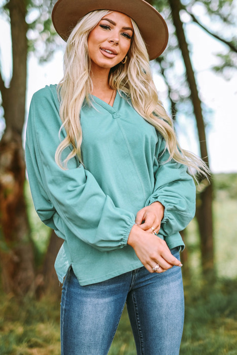 Green V Neck Oversized Pullover Top
