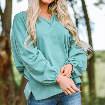 Green V Neck Oversized Pullover Top