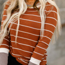  Brown Color Block Cuffs Rib Knit Striped Pullover