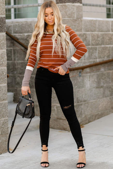 Brown Color Block Cuffs Rib Knit Striped Pullover