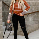  Brown Color Block Cuffs Rib Knit Striped Pullover