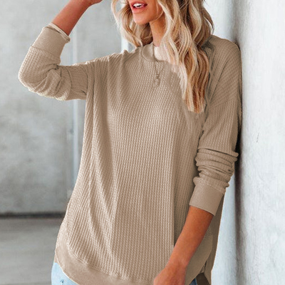 Crew Neck Ribbed Trim Waffle Knit Top [2 Colors]