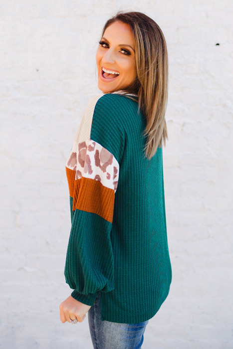 Leopard Color Block Long Sleeve Top